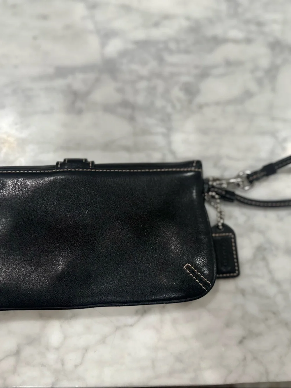 Coach Black Leather Mini Wristlet with Silver Buckle